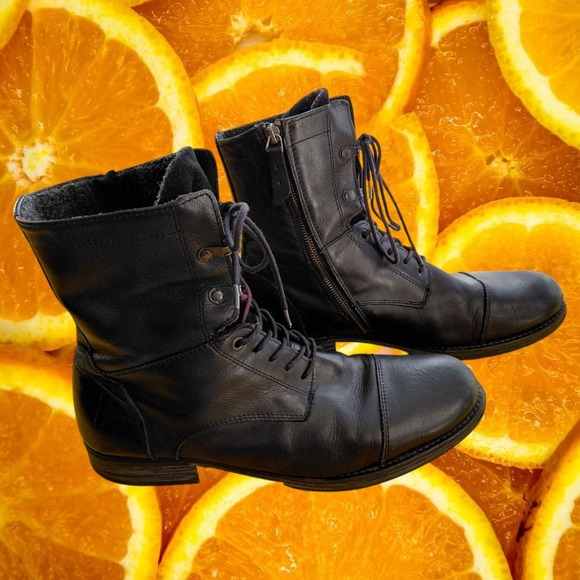 Aldo Mens Black Leather Combat Boots Side‎ Zip Cap Toe Made in Portugal Size 12